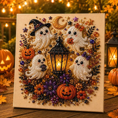 Spooky Cute Ghost 8inx8in Themed Pearl 3D Diamond Painting DIY Kit, Multipurpose Fall Season Handicraft Set, Beautiful Wall Art Furnishing Accessory for Household Indoor Decoration & Holiday Party Present