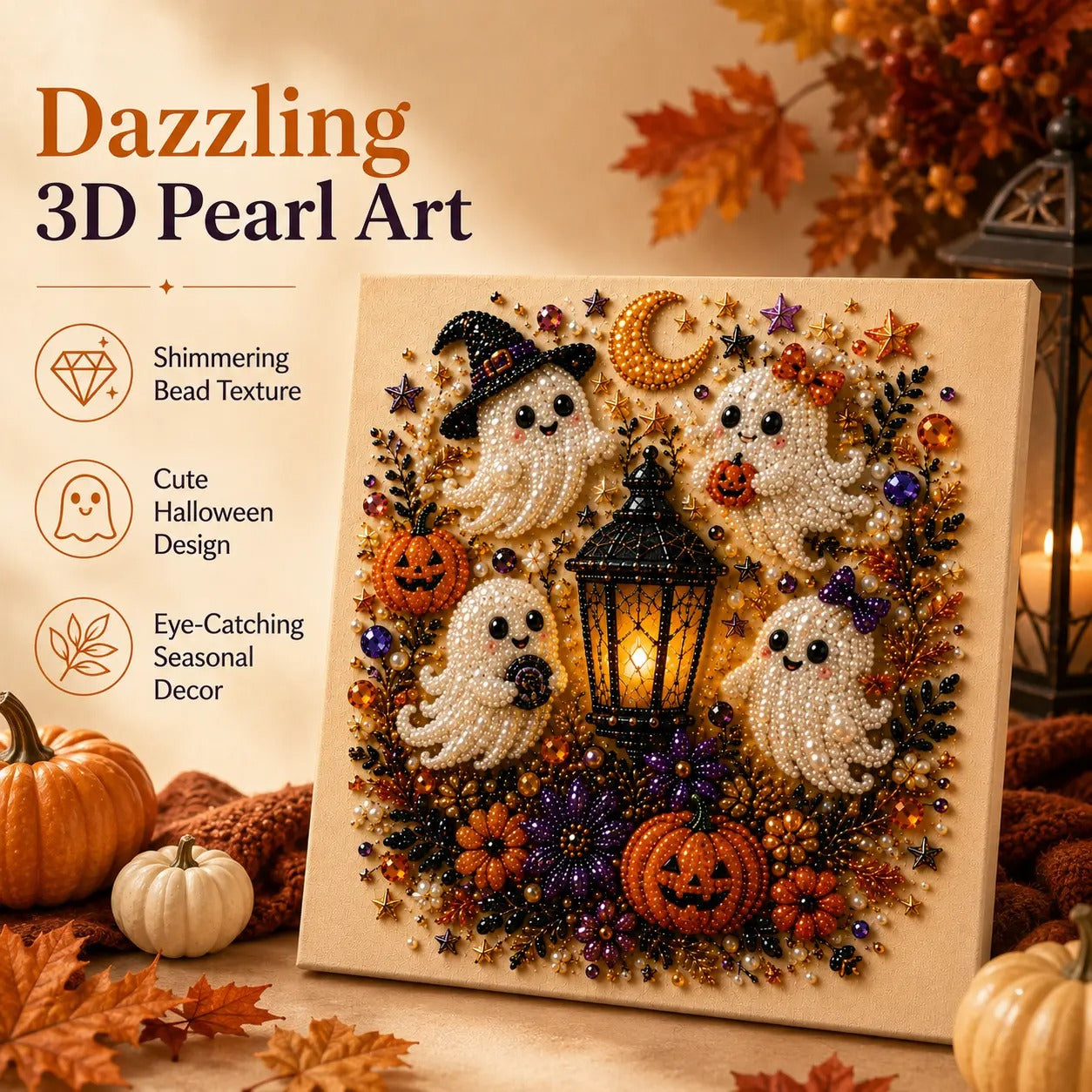 Spooky Cute Ghost 8inx8in Themed Pearl 3D Diamond Painting DIY Kit, Multipurpose Fall Season Handicraft Set, Beautiful Wall Art Furnishing Accessory for Household Indoor Decoration & Holiday Party Present