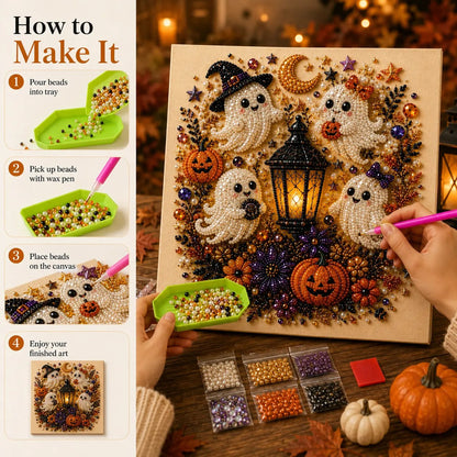 Spooky Cute Ghost 8inx8in Themed Pearl 3D Diamond Painting DIY Kit, Multipurpose Fall Season Handicraft Set, Beautiful Wall Art Furnishing Accessory for Household Indoor Decoration & Holiday Party Present