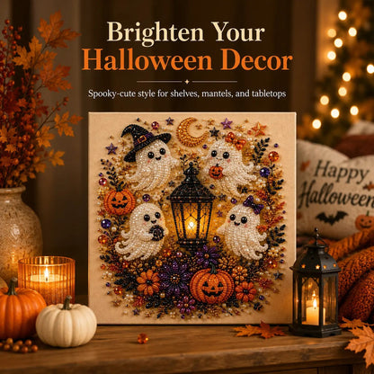 Spooky Cute Ghost 8inx8in Themed Pearl 3D Diamond Painting DIY Kit, Multipurpose Fall Season Handicraft Set, Beautiful Wall Art Furnishing Accessory for Household Indoor Decoration & Holiday Party Present
