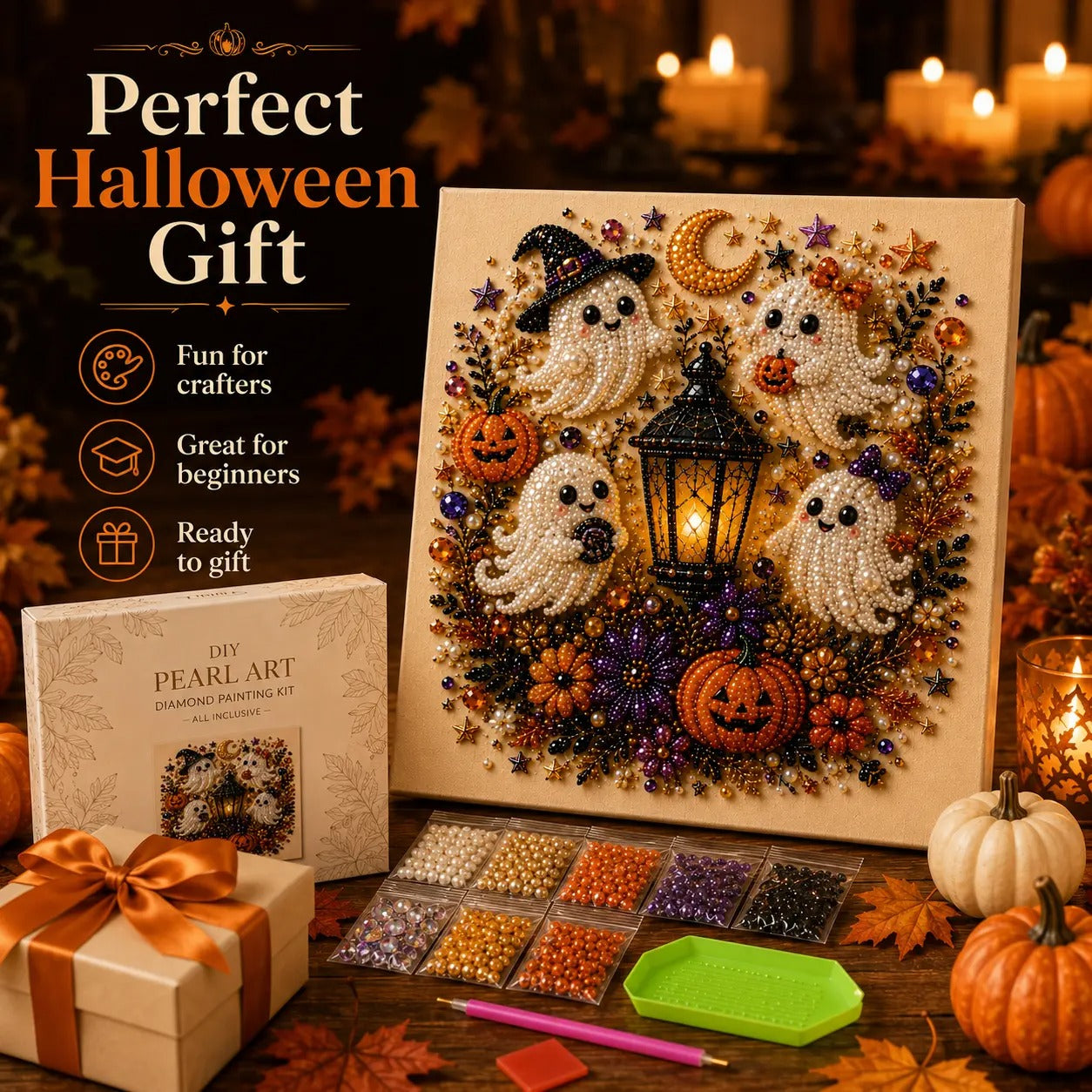 Spooky Cute Ghost 8inx8in Themed Pearl 3D Diamond Painting DIY Kit, Multipurpose Fall Season Handicraft Set, Beautiful Wall Art Furnishing Accessory for Household Indoor Decoration & Holiday Party Present