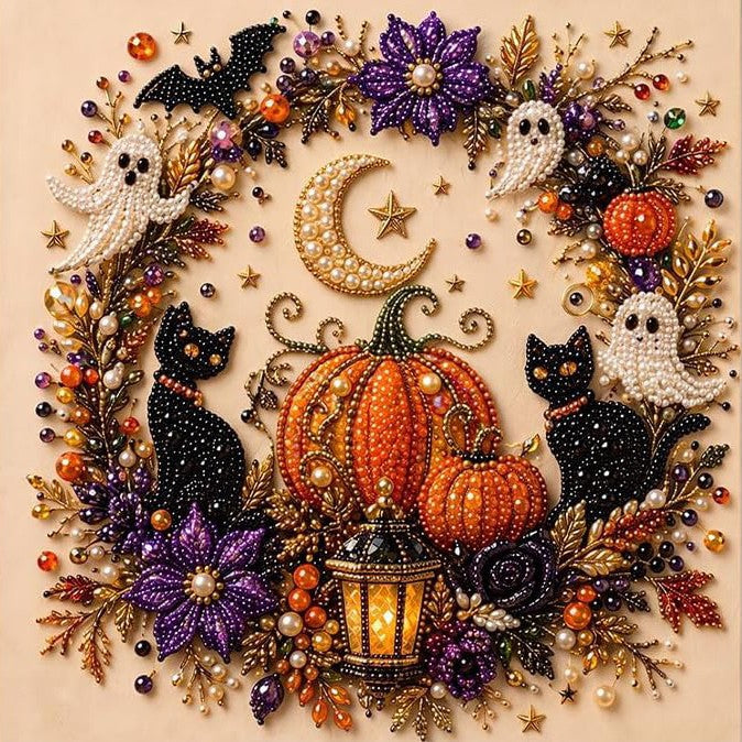 Spooky Cute Ghost 8inx8in Themed Pearl 3D Diamond Painting DIY Kit, Multipurpose Fall Season Handicraft Set, Beautiful Wall Art Furnishing Accessory for Household Indoor Decoration & Holiday Party Present