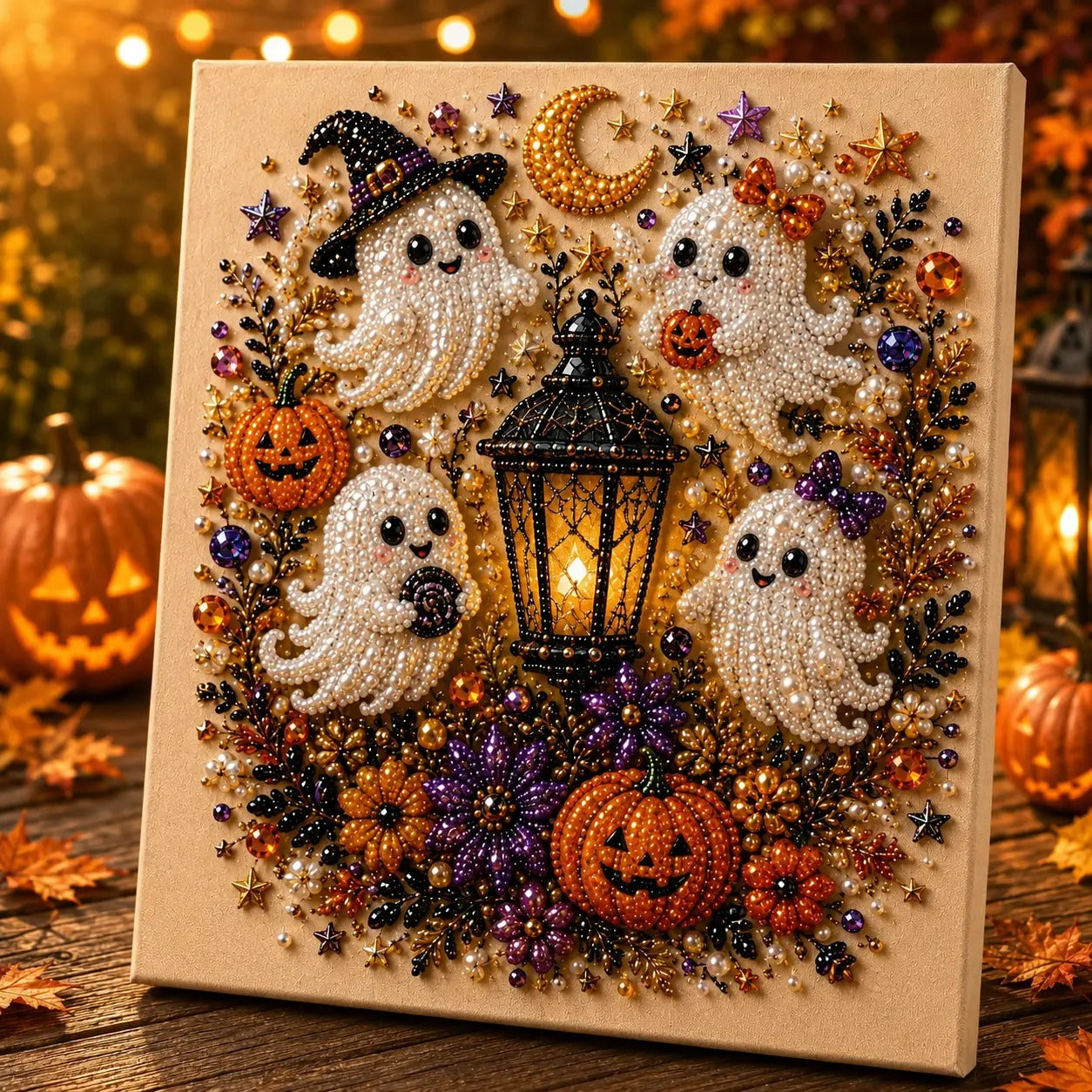 Spooky Cute Ghost 8inx8in Themed Pearl 3D Diamond Painting DIY Kit, Multipurpose Fall Season Handicraft Set, Beautiful Wall Art Furnishing Accessory for Household Indoor Decoration & Holiday Party Present