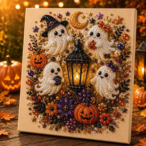 Spooky Cute Ghost 8inx8in Themed Pearl 3D Diamond Painting DIY Kit, Multipurpose Fall Season Handicraft Set, Beautiful Wall Art Furnishing Accessory for Household Indoor Decoration & Holiday Party Present